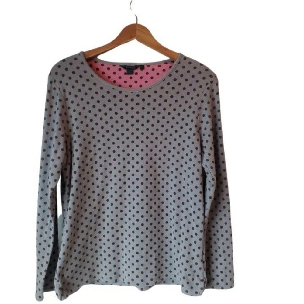 Boden Knit Top Tunic Size 16 (EU 20) Dusty Blue/ Brown Polka Dots 100% Cotton